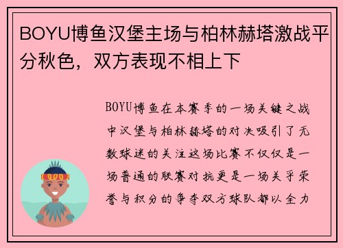 BOYU博鱼汉堡主场与柏林赫塔激战平分秋色，双方表现不相上下