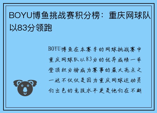 BOYU博鱼挑战赛积分榜：重庆网球队以83分领跑