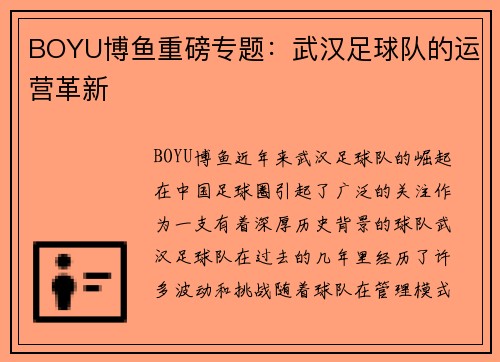 BOYU博鱼重磅专题：武汉足球队的运营革新