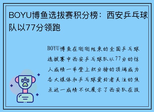 BOYU博鱼选拔赛积分榜：西安乒乓球队以77分领跑